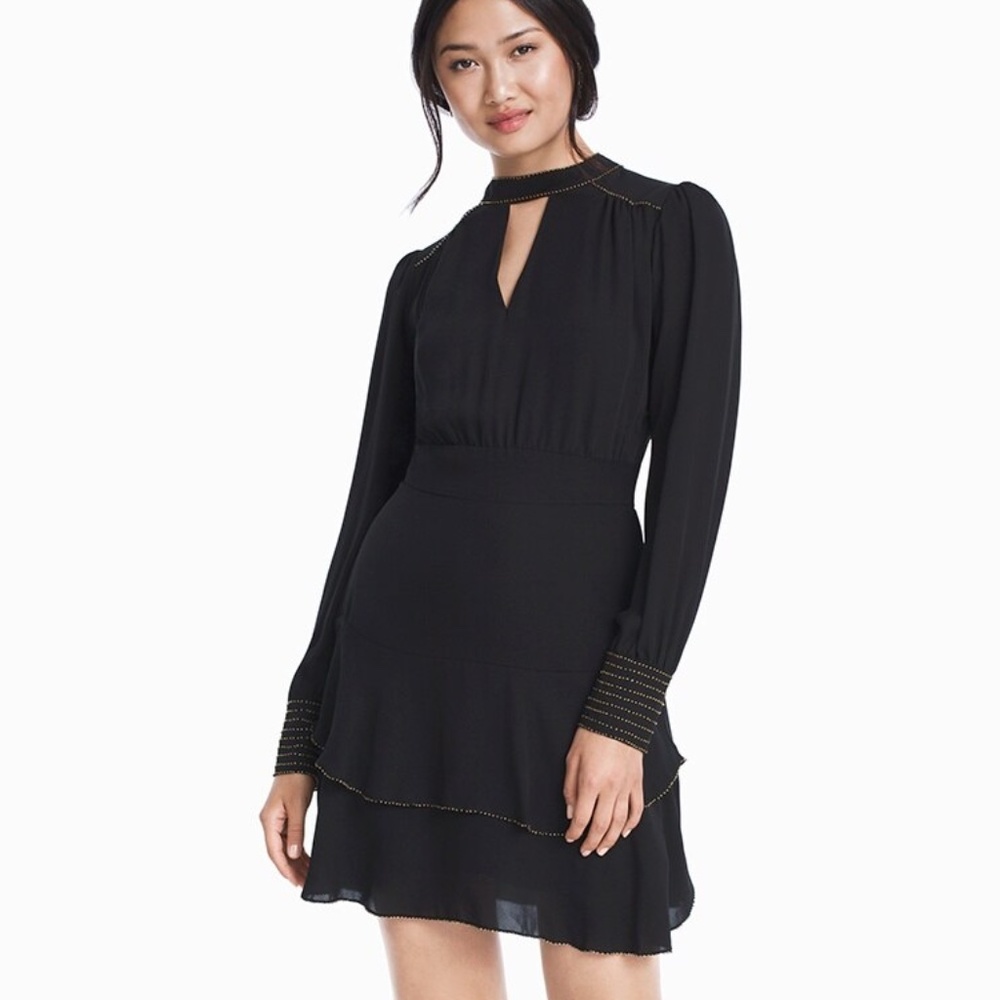 Parker Chrissy Silk Black Long Sleeve Ball Chain Blouson Dress